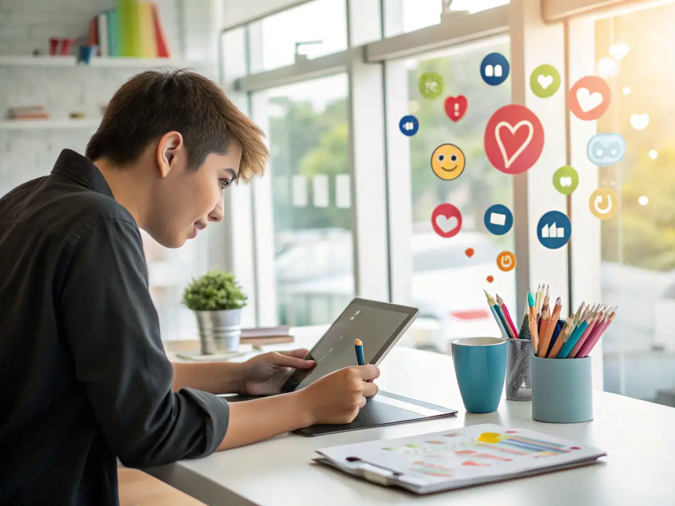 A creative workspace with a designer working on social media graphics and a camera capturing content, showcasing Core Reach Social's content creation process.