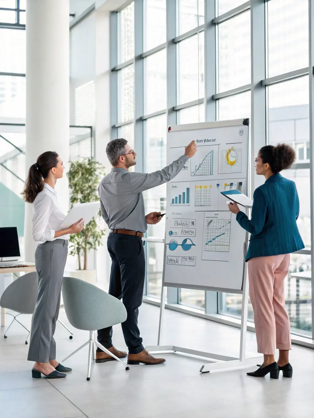 An image of a team analyzing marketing data and planning strategies on a whiteboard, representing strategic marketing planning for regulated industries.