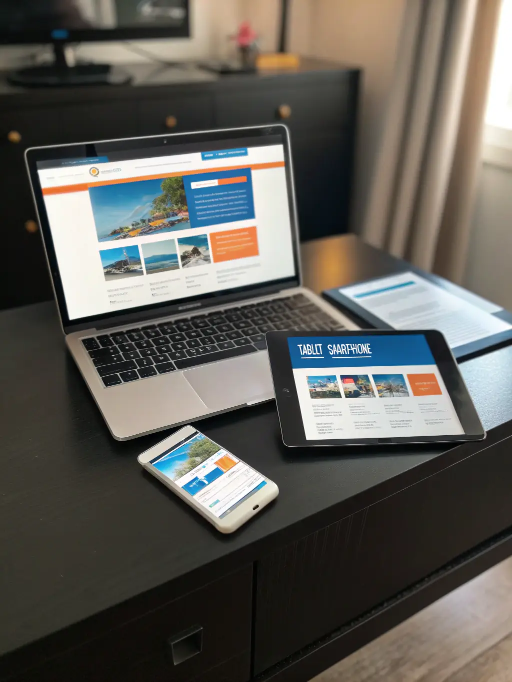 An image of digital ads displayed on various devices with industry-specific themes, showcasing targeted advertising campaigns.
