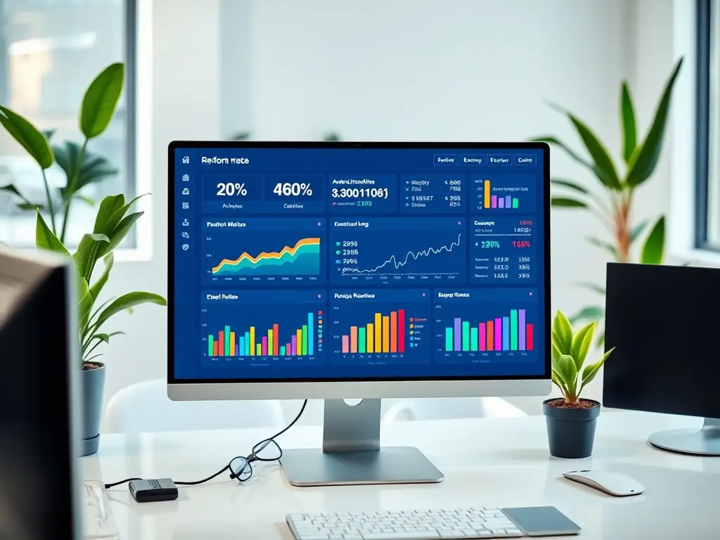 A digital ad dashboard showing campaign metrics and ad creatives on a computer screen, illustrating Core Reach Social's paid advertising expertise.