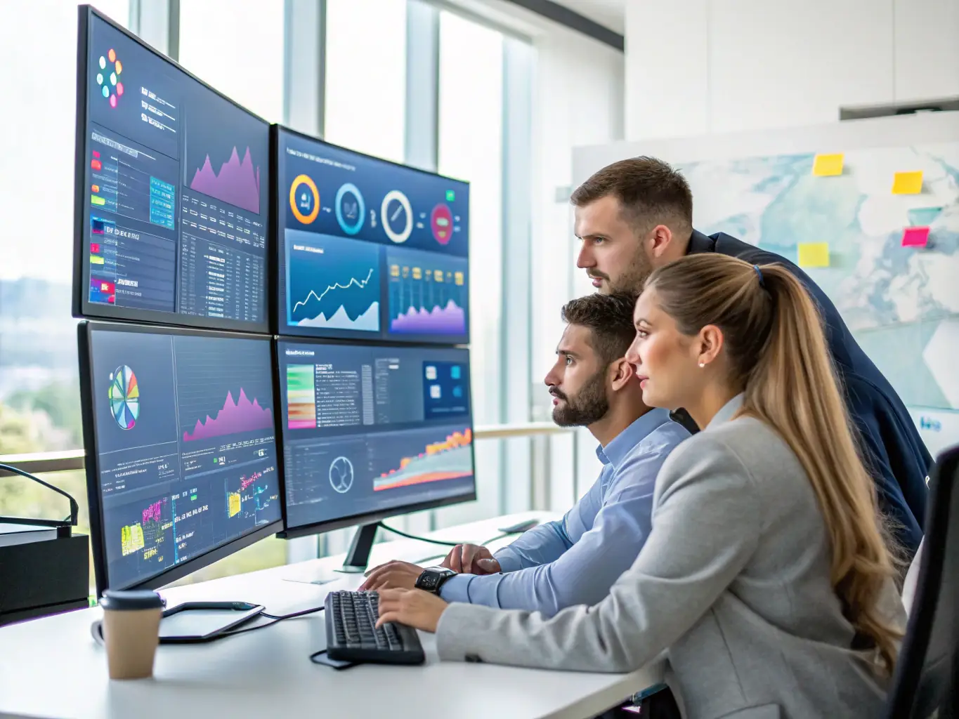 An image of a team analyzing social media analytics on a large screen with various social media icons around, representing Core Reach Social's strategic approach.